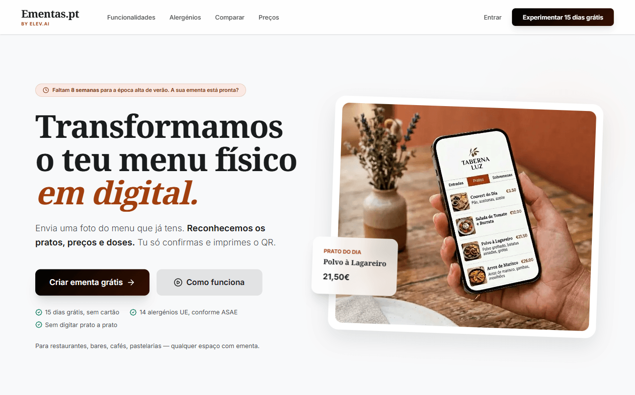 Página inicial do Ementas.pt — Transformamos o teu menu físico em digital